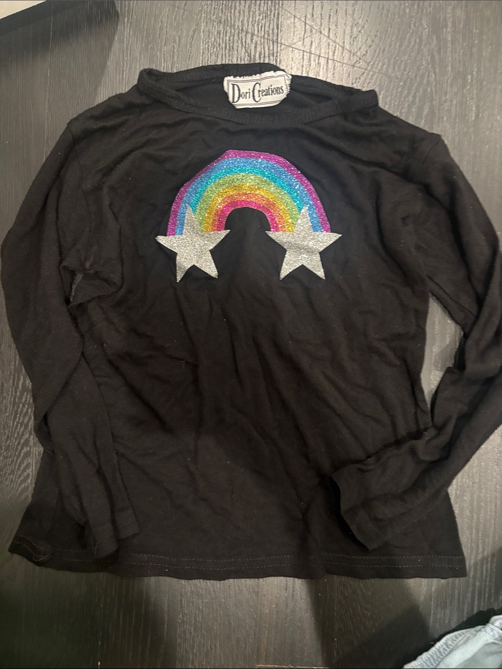 Dori Creations Kids' Black Long-Sleeve Tee with Glitter Rainbow & Silver Stars